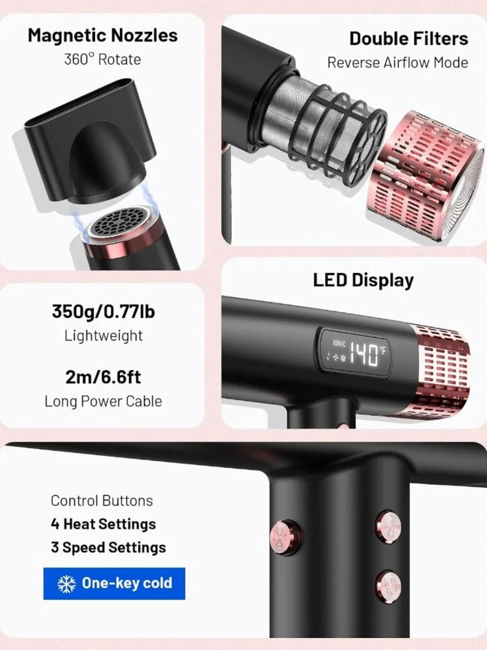 Compact Travel Hair Dryer with Diffuser, Lightweight Dual Voltage Blow Dryer